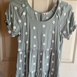 Blu Pepper M. Sage Green Polka Pom Baby doll Dress Cottage Core 38 X30